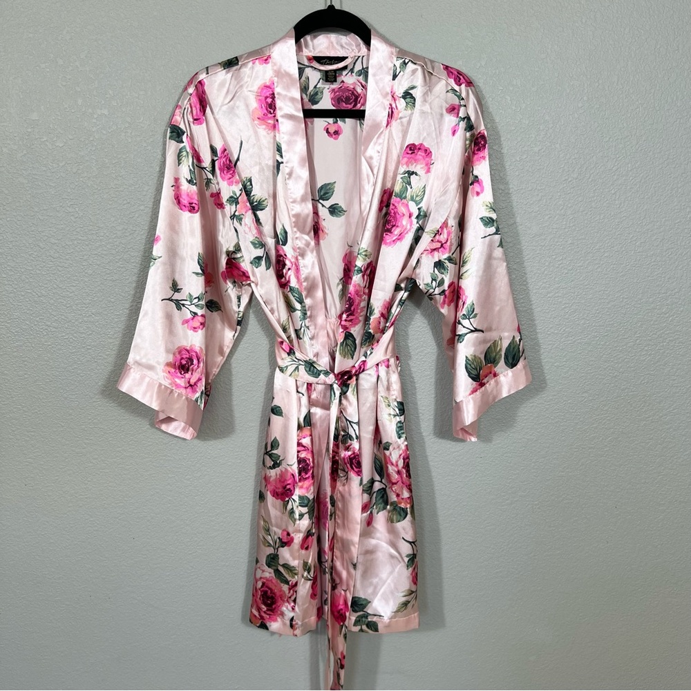 Thalia Sodi Women Pink Floral Satin Robe Kimono Tie Front Size S/M